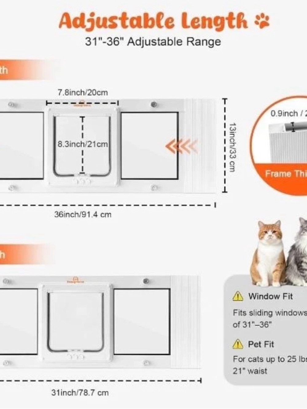Cat Window Pet Door - White Adjustable Sliding Window Fit